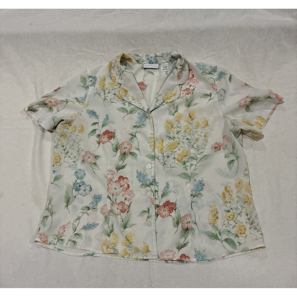 VTG Women's Top Size 16 Cream Floral Pattern ButtonUp Blouse Pastel Collar Light